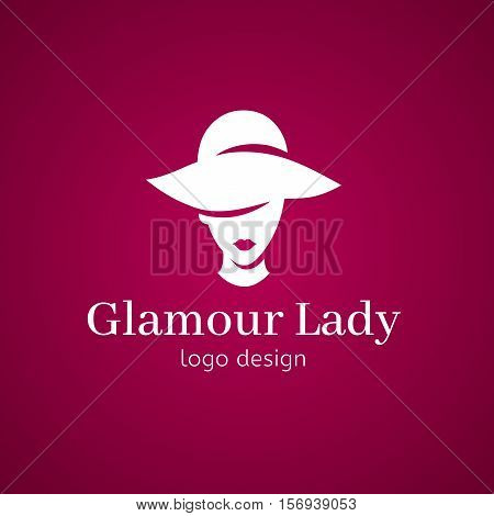 women elegant hat for fashion ladies and lips. Glamour lady in hat logo design. White isolated illustration in pink background girl silhouette. Concept for beauty salon accessories fashioncosmetics