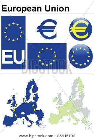 Colección de la Unión Europea como bandera, placa, mapa (división administrativa), símbolo, moneda uni