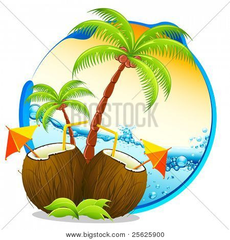 illustratie van de kokosnoot cocktail met palm tree tropische achtergrond