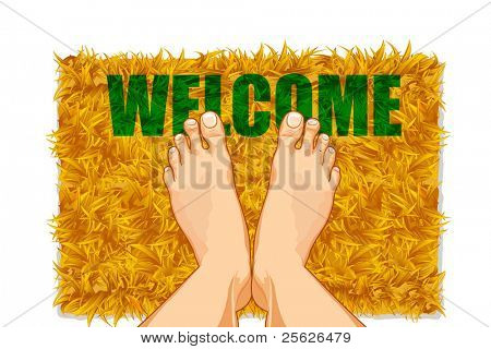 illustration of pair of feet on door mat with welcome on it