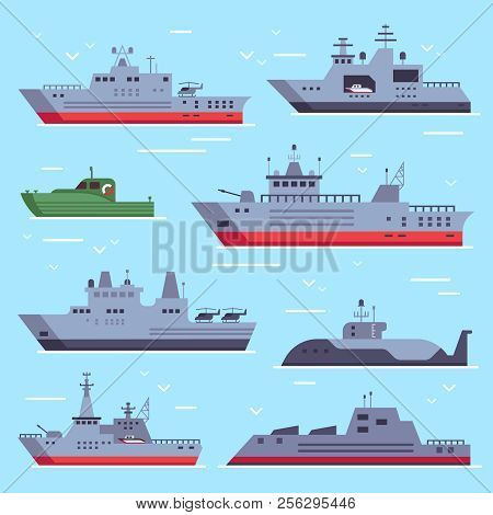 Flat Military Boats. Navy Battle Ships, Sea Combat Security Boat And Battleship Weapon. Naval Warshi