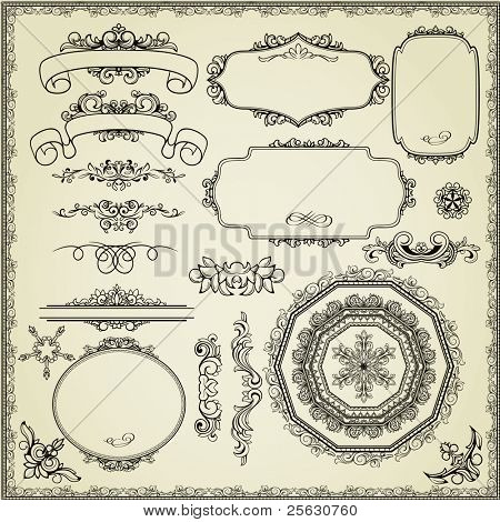 Massor av designelement: etiketter, gränser, ramar, etc. Skulle kunna användas för sidan dekoration, certificat