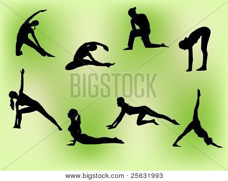 Vector silhouettes of several women doing stretching exercises.