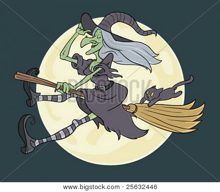 halloween witch flying in front of full moon with cat dangling form her broom