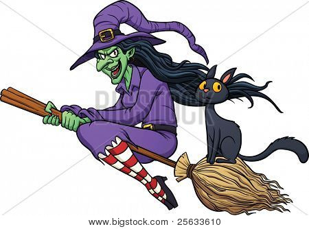 Cartoon witch flying on her broom. Vector illustration with simple gradients. Witch and cat on separate layers for easy editing.