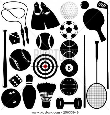 Vector Sports Set : Different kinds of Balls, exercise equipments, silhouette