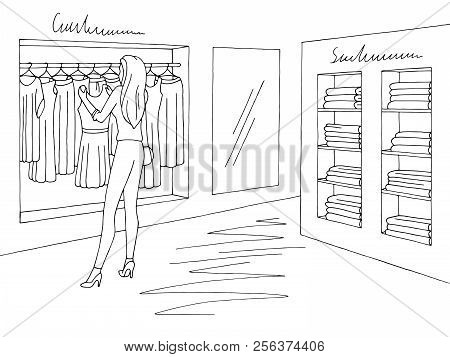 Shop Interior Graphic Black White Sketch Illustration Vector. Woman Choosing A Dress