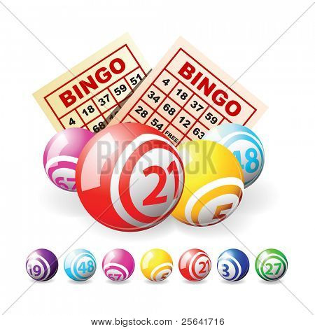 Bingo or lottery balls and cards isolated over white