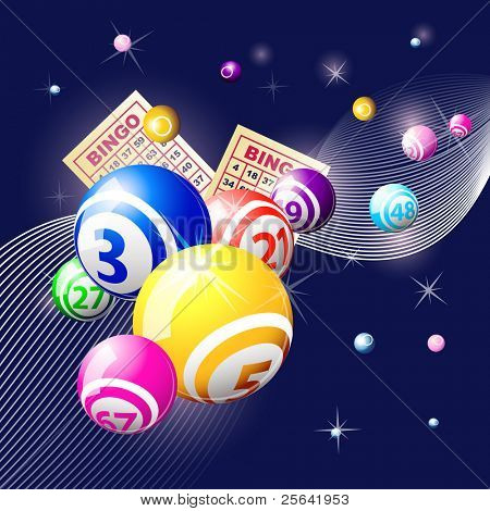 Bingo or lottery balls and cards on blue background