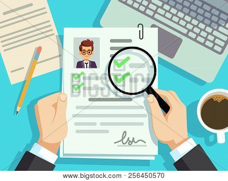 Job Interview Concept. Businessman Cv Resume, Work Evaluation Vector Background. Cv Candidate, Job R