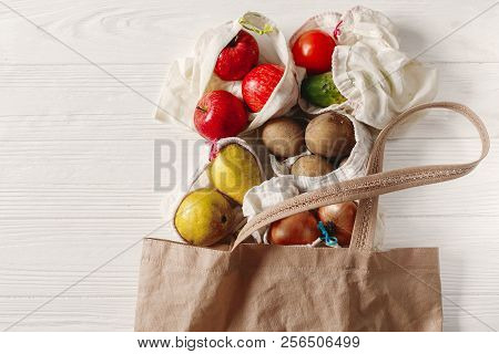 Zero Waste Food Shopping. Eco Natural Bags With Fruits And Vegetables In Tote, Eco Friendly, Flat La