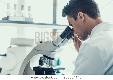 Young Scientist Using Microscope In Laboratory. Male Researcher Wearing White Coat Sitting At Desk A