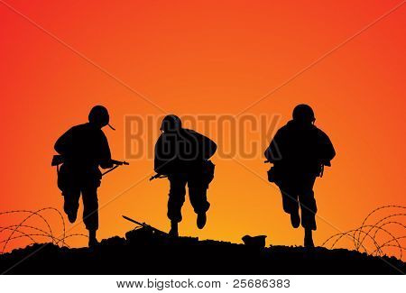 Silhouette of three soldiers on the battlefield