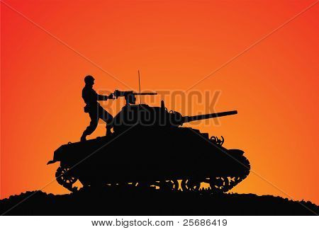 Silhouette of a soldier on the tank