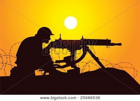 Vector silhouette of a british soldier with a machine gun