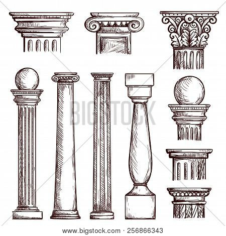 Arabic Architecture Columns Engraved Illustration With Stone Marble Pillar Vector Set Isolated. Marb