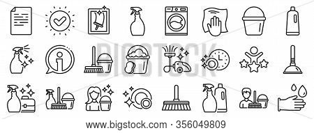 Laundry, Window Sponge And Vacuum Cleaner Icons. Cleaning Line Icons. Washing Machine, Housekeeping 