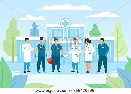 Doctor Group In Hospital, Healthcare Vector Illustration. Cartoon Staff Medical Character, Man Woman