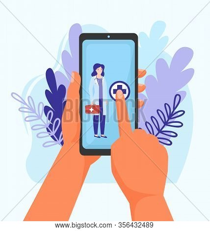 Doctor Call Online Service Vector Illustration Concept. Healthcare By Mobile Phone, Call To Medical 