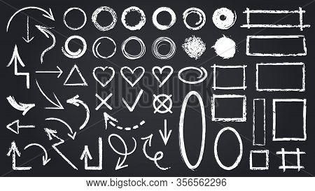 Sketch Chalk Elements. Sketch Chalkboard Elements, Hand Drawn Graphic Arrows, Frames, Round And Rect