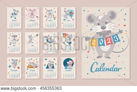 Monthly Calendar 2023 Year. Cute Cartoon Mouse In Different Situations. Week Starts On Sunday. Vecto