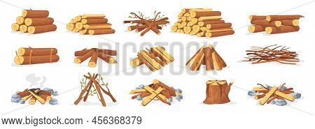 Pile Firewood. Stack Wood Log Bonfire, Cartoon Sticks Branches Timber Forest Tree For Burning Fire, 