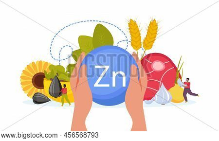 Hands Holding Zinc Micro Element With Healthy Food In Background Flat Composition Vector Illustratio