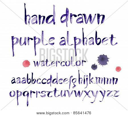 Watercolor hand written purple alphabet. Vector watercolor.