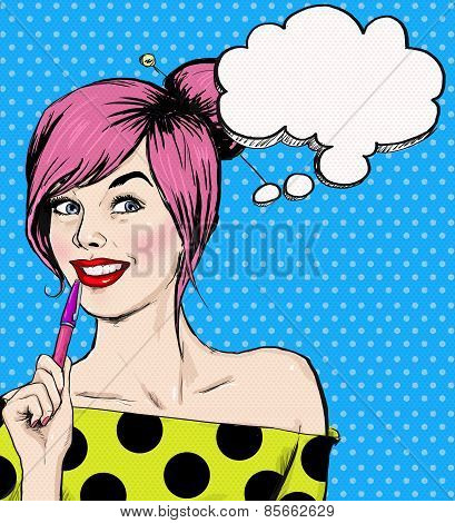 Fashion pop art illustration girl with pen in the hand with speech bubble. Student girl. Youth.