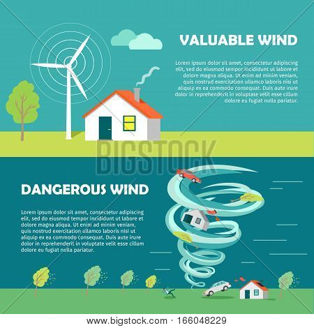 Valuable wind, dangerous wind banners. Wind strength levels. Windless breeze strong wind hurricane. Set of wind levels. Cottage house. Natural disaster. Changeable weather concept. Vector