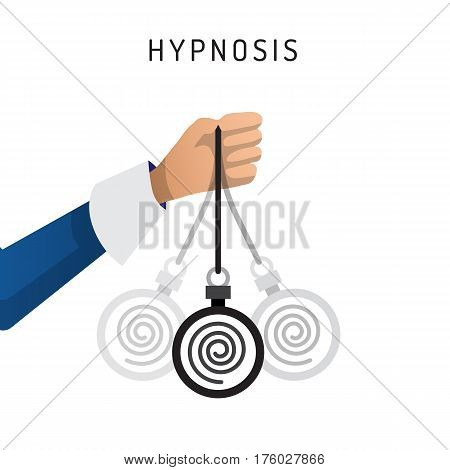 Vector illustration of hand with the swinging of the pendulum introducing man into hypnosis, drawn in a flat cartoon style. The concept of immersion in hypnosis