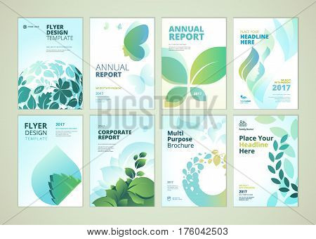 Nature and healthcare brochure cover design and flyer layout templates collection. Vector illustrations for marketing material, ads and magazine, natural presentation templates.