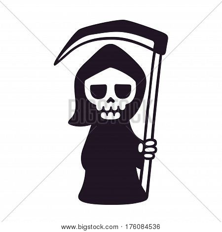 Cute death with scythe isolated black and white drawing. Cartoon Grim Reaper vector illustration.