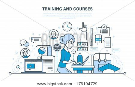 The modern system of training and courses, distance learning, technology, knowledge, teaching and skills. Illustration thin line design of vector doodles, infographics elements.