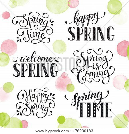 Hand written Spring time phrases with birds. Greeting card text templates isolated on white background. Welcome Spring lettering in modern calligraphy style. Hello Spring wording.