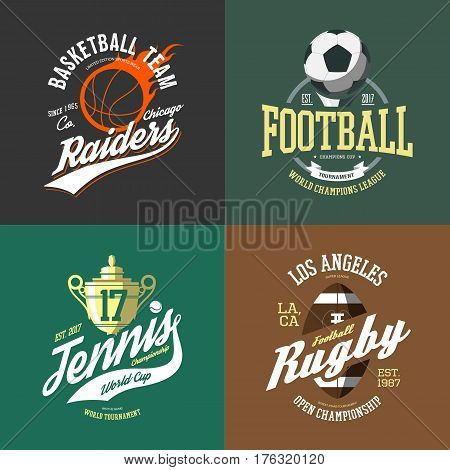 Basketball flying fire ball for chicago team, tennis trophy or bowl cup, soccer or football ball and rugby or american football symbol. T-shirt banner or print, clothing badge.Advertising and branding