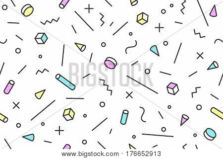 Seamless mephis graphic pattern 80s-90s trendy styles on blue background. Colorful pattern with different shapes objects. Design for wrapping paper, fabric background, wallpaper. Vector illustration