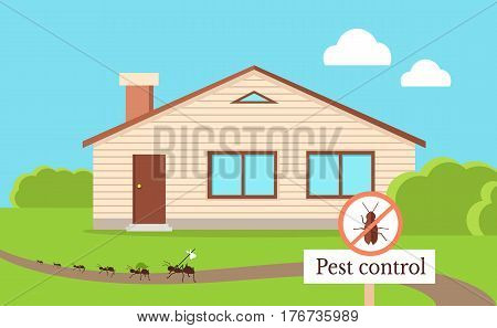 Pest control concept with cockroach leaving house. Vector illustration in flat style of isolated residential building and path near with line of cockroaches going away and warning round sign