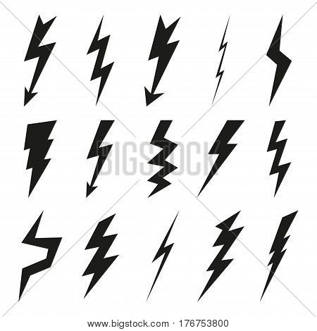 Lightning icon set. Electricity thunder and danger symbol. Lightning strike Flash and arrow black icons isolated on white background. Storm lightning silhouettes. Vector illustration.