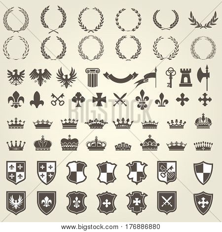 Heraldry kit of knight blazons and coat of arms elements - medieval heraldic emblems