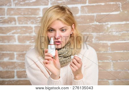 Runny Nose And Other Symptoms Of Cold. Nasal Spray Runny Nose Remedy. Girl Sick Person Hold Nasal Dr