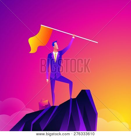 Business Leader Vector Concept With Businessman Planting Flag On Top Of Mountain. Symbol Of Success,