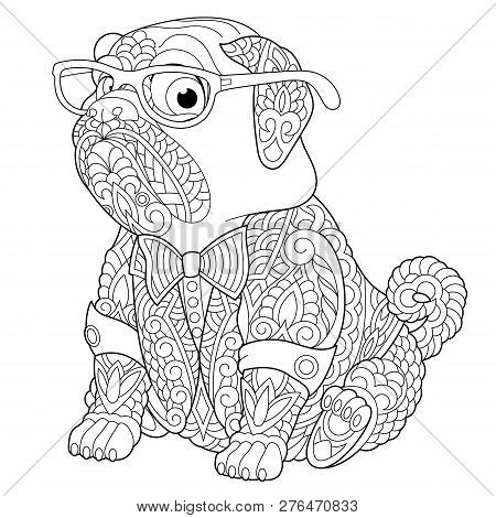 Coloring Page. Coloring Book. Anti Stress Colouring Picture With Pug Dog. Freehand Sketch Drawing Wi