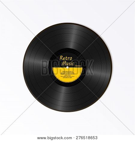 Realistic Black Vinyl Record. Retro Sound Carrier. New Gramophone Yellow Label Lp Record With Text. 