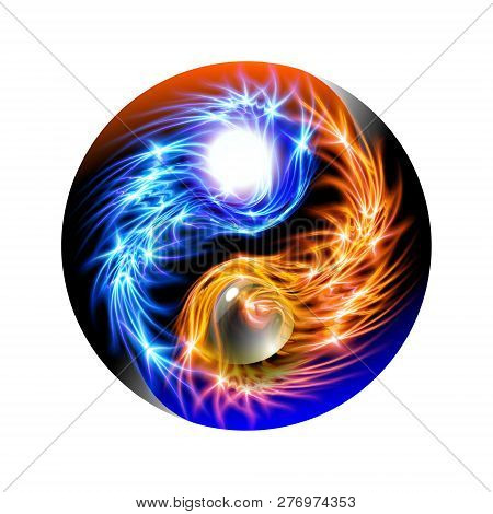 Modern Glowing Blue And Red Cosmic Concept Yin And Yang Mandala. Colorful Ornamental Spiritual Relax