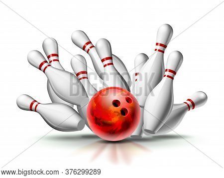 Red Bowling Ball Crashing Into The Pins. Illustration Of Bowling Strike Isolated On White Background