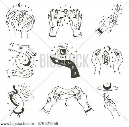 Magical Hands. Boho Occult Magic Hand, Witch Mystical Symbol, Witchcraft Hand Drawn Arms With Moon A