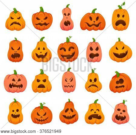 Creepy Halloween Pumpkins. Cartoon Orange Pumpkin Traditional Holiday Decoration, Scary, Spooky Face