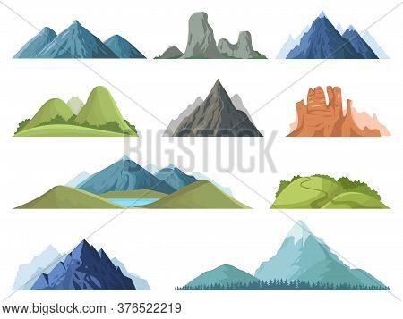 Rocky Mountains. Mountain Tops Outdoor Landscape, Winter Peaks, Hilltop With Trees, Hiking Mountain 