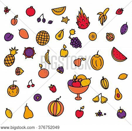 Multicolored Set Of Hand Drawn Fruits Elements For Greengrocer Or Menu, Vector Stock Illustration, C